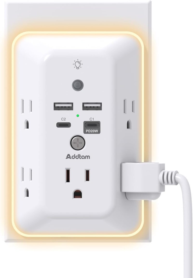 Addtam Surge Protector, Outlet Extender with Night Light, 5-Outlet Splitter and 4 USB Ports(PD 20W), Multi Plug Wall Outlet Power Strip for Home Office Dorm Room Essentials - Image 1